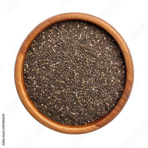 Top view wooden bowl overflowing with healthy chia seeds for nutrition and wellness