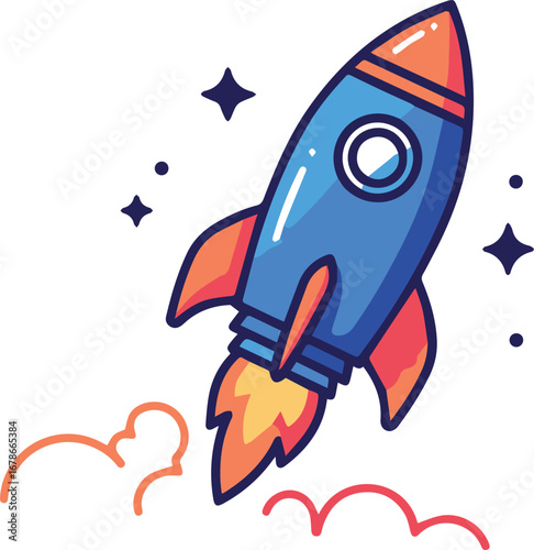 Dynamic blue rocket launching with fiery exhaust and starry background, symbolizing progress and innovation