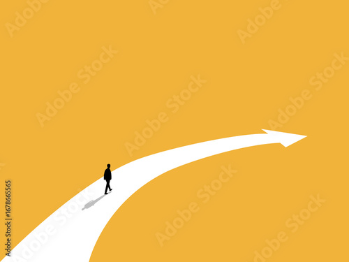 businessman walks into a curve following the arrow