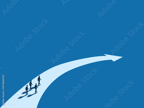  team of businessmen walk into a curve following the arrow