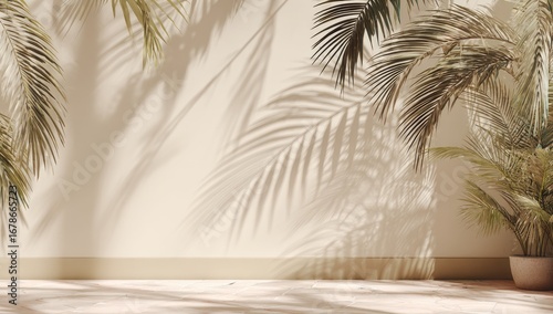 Beige room with tropical plant shadows