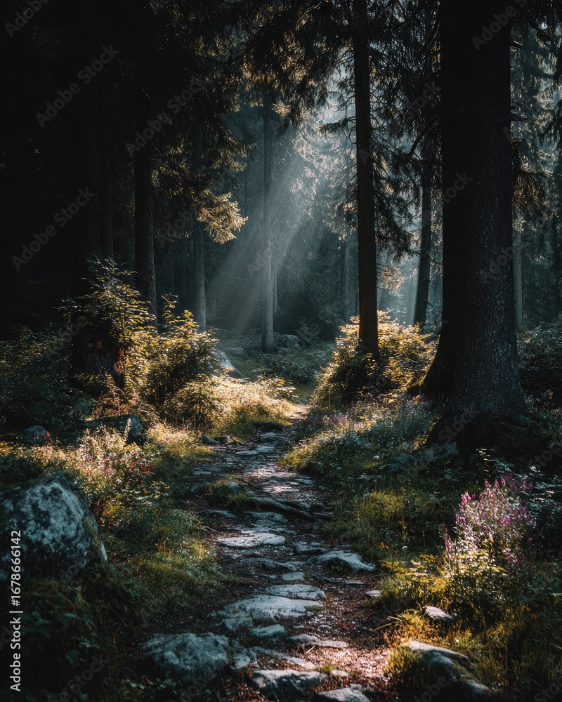 Obraz premium Sunbeams pierce a sunlit forest path