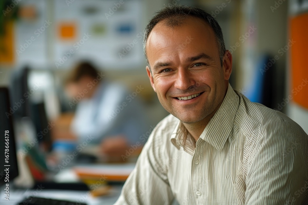 Fototapeta premium Confident smiling businessman in office setting portrait, reflecting success and competence in his professional environment, Generative AI