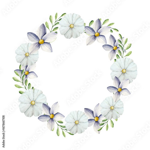 Spring flowers and branches with leaves, butterfly wreath, frame. Watercolor logo with gerbera, chamomile, echinacea. Hand drawn wildflower art isolated on background, transparent png. Botanical