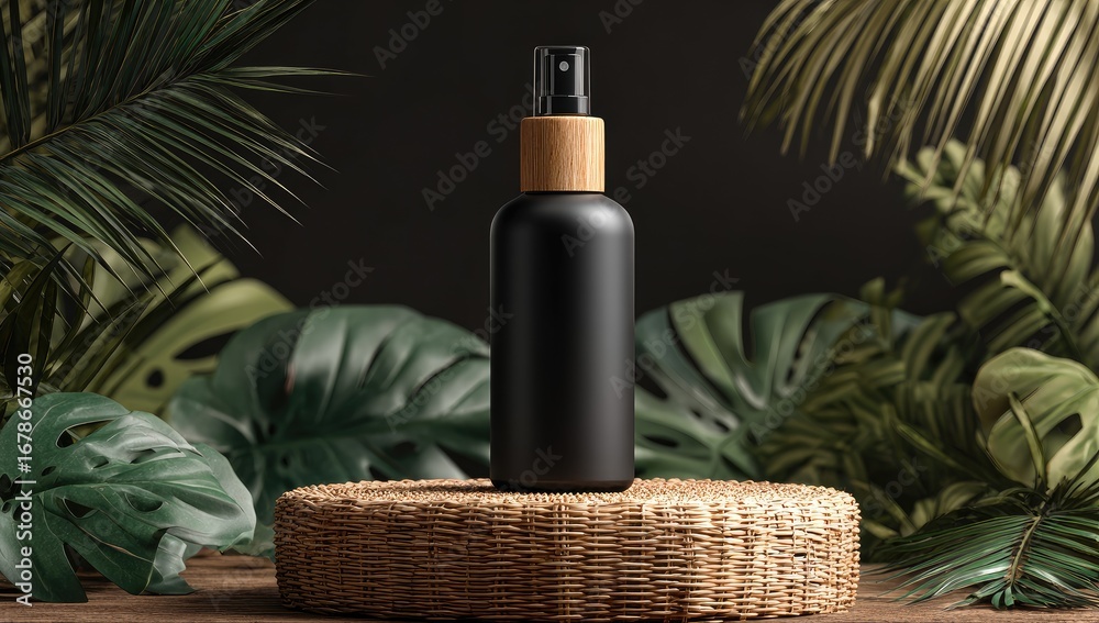 Naklejka premium Black spray bottle on woven platform amidst tropical foliage