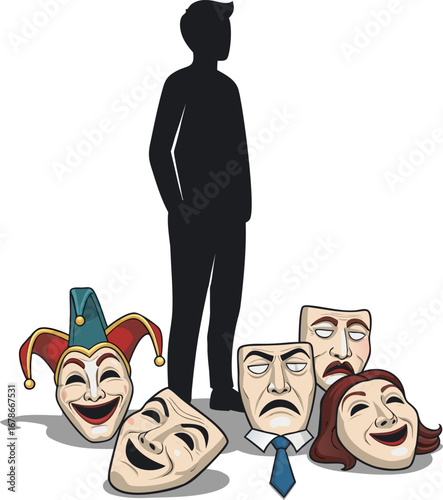 A person and the masks of social roles that have been removed. A metaphor for the burden of responsibility and the search for one's true self. The weight of having to play different roles in society.