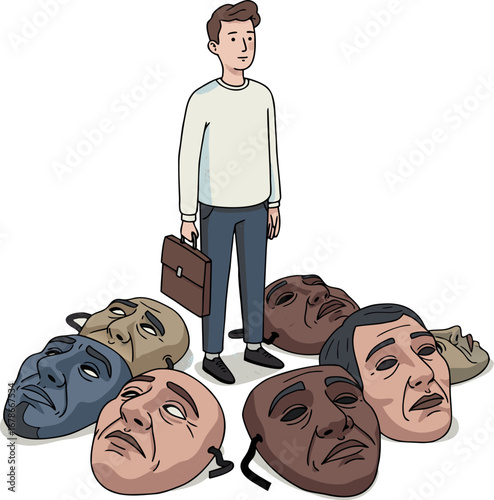 A person and the masks of social roles that have been removed. A metaphor for the burden of responsibility and the search for one's true self. The weight of having to play different roles in society.