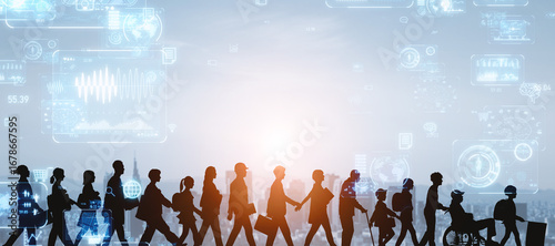 Concept of people of all ages walking and digital technology