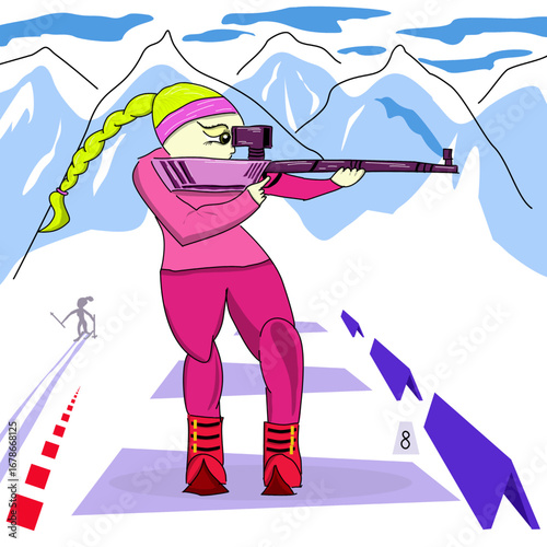 Vector illustration of a biathlon competitor at a stop at the shooting range. Shooting Biathlon competitor standing. Mountains and other competitors in the background. Popular winter sport.