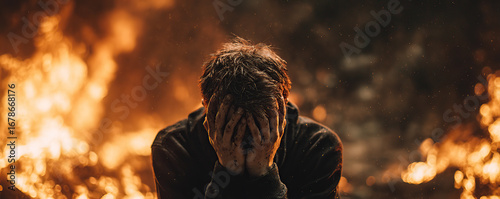 Emotions clash in chaos as a person grapples with despair amid raging flames and dark surroundings in a moment of crisis