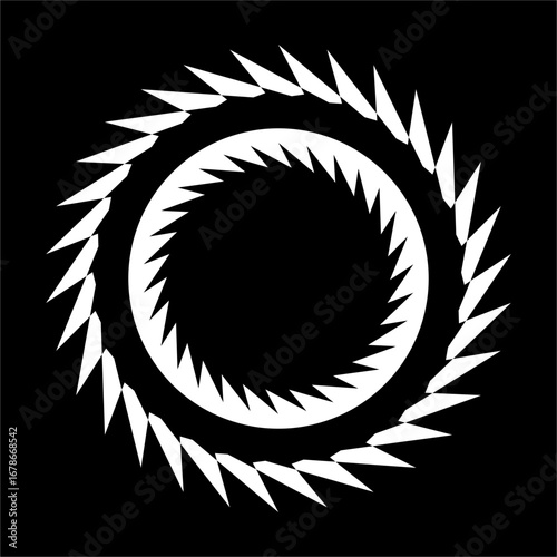 Sharp triangular blades radiate in concentric spirals, forming a hypnotic vortex of symmetry, motion, balance, and infinite cyclical transformation.