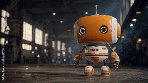 Orange robot in a large, industrial setting