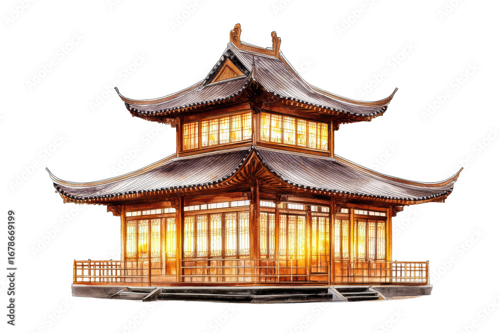Naklejka premium Traditional chinese pagoda architecture illuminated at night isolated on transparent background. Watercolor traditional asian pagoda with windows and intricate roof isolated on white background.