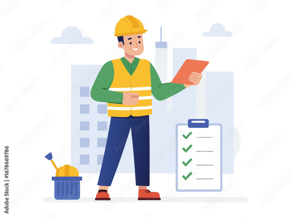 Professional engineer inspecting construction site with clipboard and safety gear Professional engineer inspecting construction site with clipboard and safety gear