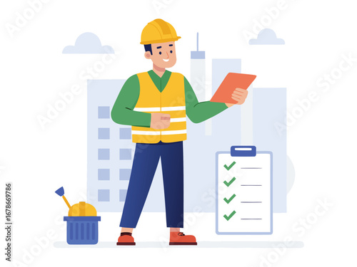 Professional engineer inspecting construction site with clipboard and safety gear