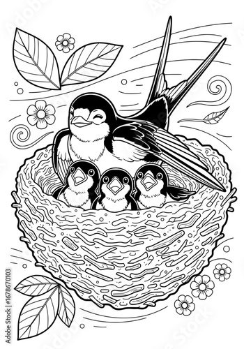 mother swallow with cubs in the nest. coloring book