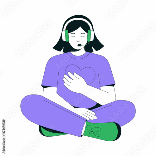 A calm person wearing headphones and a microphone sits in a meditative pose with a hand on their heart, illustrating mindfulness and self-care.
