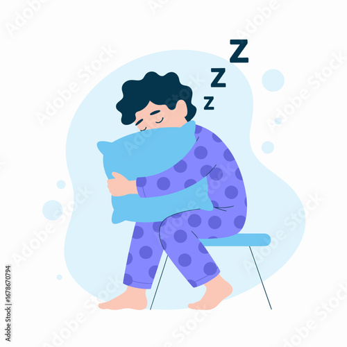 A child is sleeping while hugging a pillow, sitting on a chair.