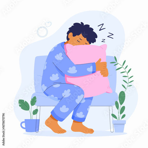 A person in pajamas is sleeping peacefully while hugging a pink pillow on a chair.