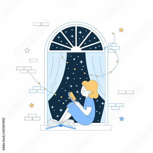 Girl Reading a Book by the Window at Night.