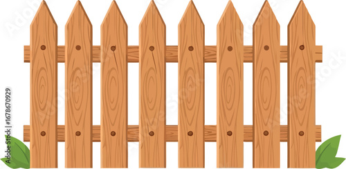 Rustic wooden picket fence section with green grass and sunlight vector