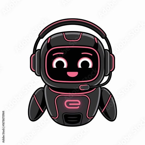 A cute, stylized robot wearing a headset with a microphone, designed with a black and pink color scheme.