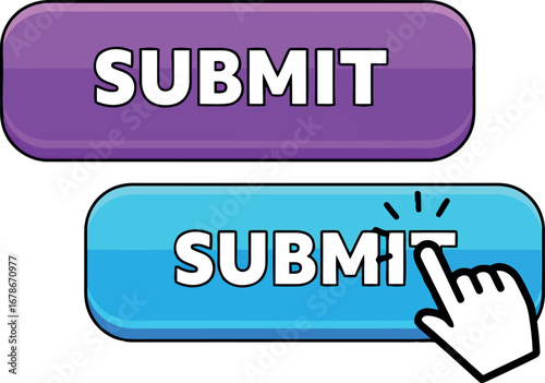 User interface submit buttons with hand cursor clicking action web design elements vector