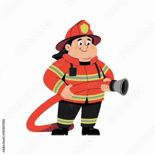 A cheerful cartoon firefighter in a red and yellow uniform, wearing a helmet and holding a fire hose, standing ready to help.