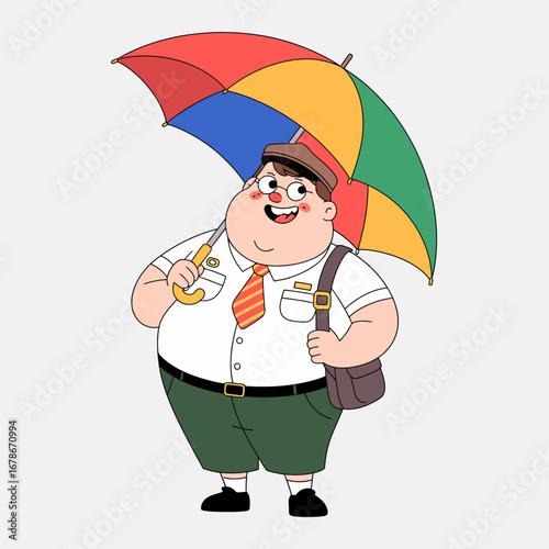 A cheerful cartoon character, a chubby man with a colorful umbrella, smiling and happy.