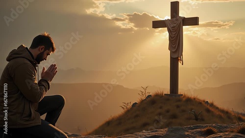 Man Praying Before Cross at Sunset, Christian Worship Concept