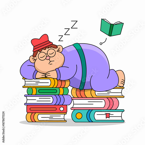 A cartoon character wearing glasses and a red hat sleeping soundly on two large stacks of colorful books.