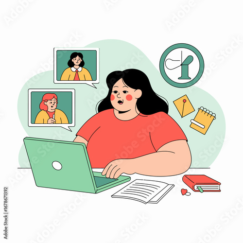 Woman participating in a virtual meeting on her laptop, with two colleagues on screen and work items on the desk.