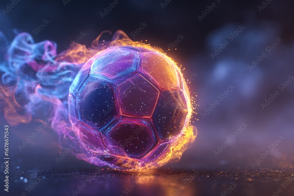 Fototapeta premium A soccer ball engulfed in vibrant, colorful flames and smoke