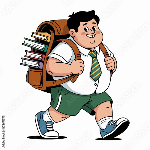 A happy, overweight schoolboy walks to school with a heavy backpack full of books.