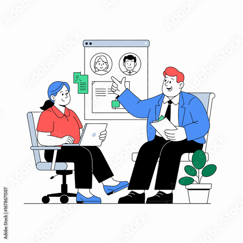 Illustration of a job interview or business meeting with two professionals discussing candidate profiles on a board.