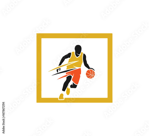 Basketball player dribbling ball graphic illustration