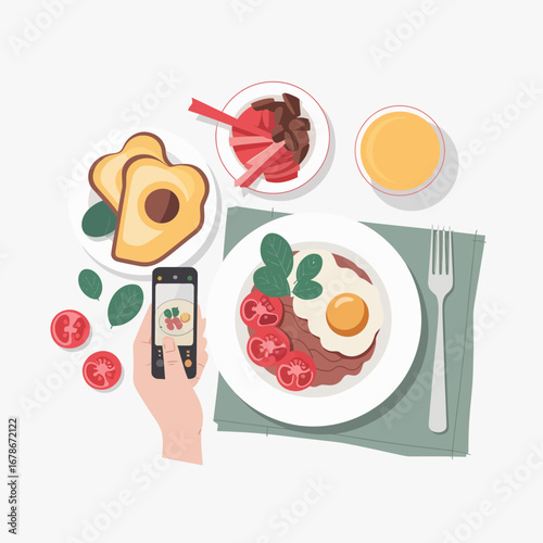 Top-down view of a person taking a photo of a healthy breakfast spread with a smartphone, featuring avocado toast, fried egg, and juice.