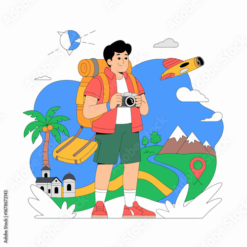 Young male traveler with a backpack and camera exploring diverse landscapes and destinations.