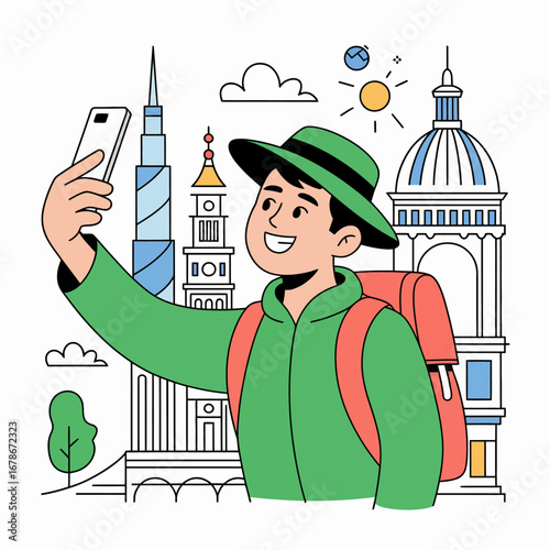 A smiling traveler in a green jacket and hat takes a selfie with famous landmarks in the background.