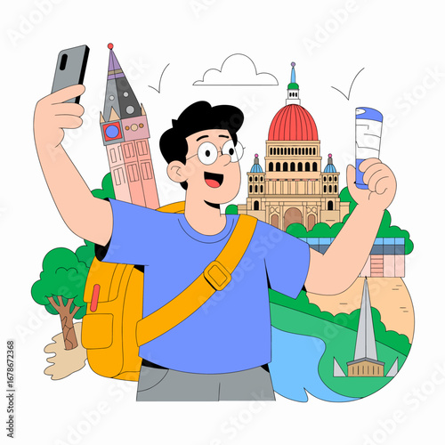 A cheerful tourist taking a selfie with famous landmarks in the background, enjoying a travel experience.