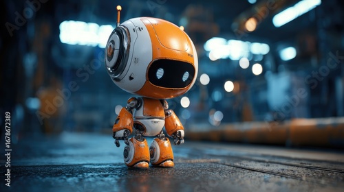 Orange robot stands in a dimly lit industrial setting