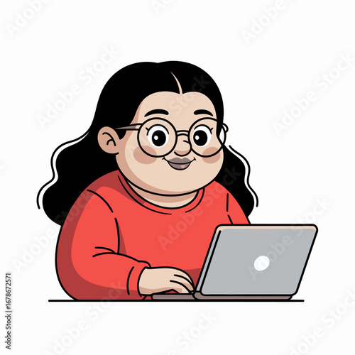 A cheerful, plump woman with dark hair and glasses, wearing a red sweater, is typing on a laptop.