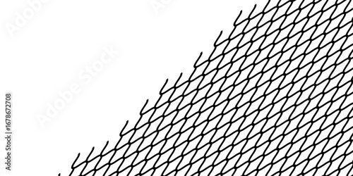 Broken wire mesh fence. Rabitz or chain link fence with cut hole. Torn wire pirson mesh texture. Cut metal lattice modern background
