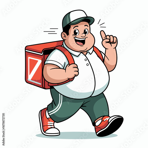 A cheerful, overweight cartoon delivery man in uniform walks with a large red thermal bag on his back.