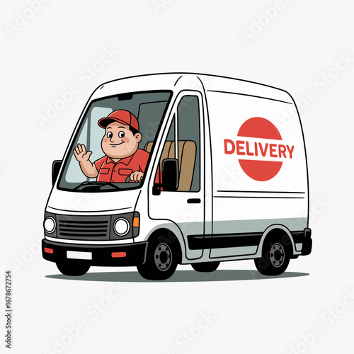 A cheerful delivery driver in a red cap and uniform waves from the driver's seat of a white delivery van with a red circle logo that says "DELIVERY".