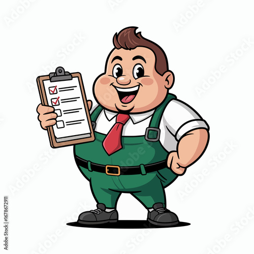 A cheerful, overweight cartoon man in green overalls and a red tie holds a clipboard with a checklist.