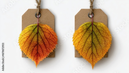 Two rustic brown tags, each holding a vibrant autumn leaf
