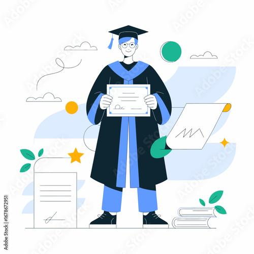 A happy graduate in cap and gown holds their diploma.