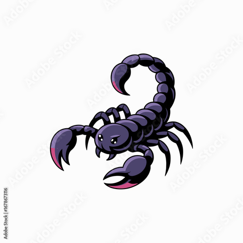 Cartoon illustration of a black scorpion with pink accents, isolated on white.
