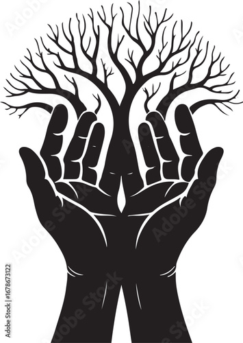 Black silhouette of bare tree branches held by cupped hands vector